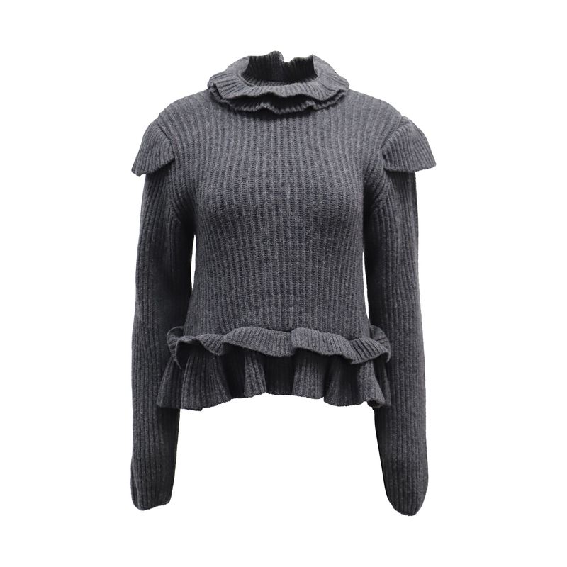 Ganni Cut-Out Ruffled Ribbed Sweater In Grey Wool
